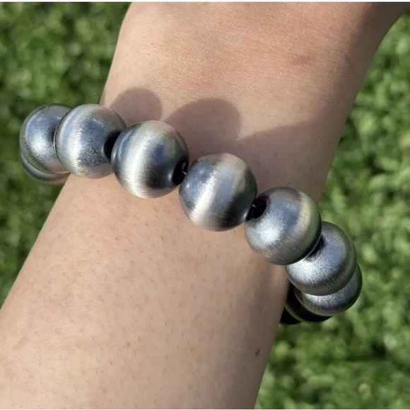 16mm 7 Inch 925 Sterling Silver Oxidized Pearls Bead Bracelet Southwestern